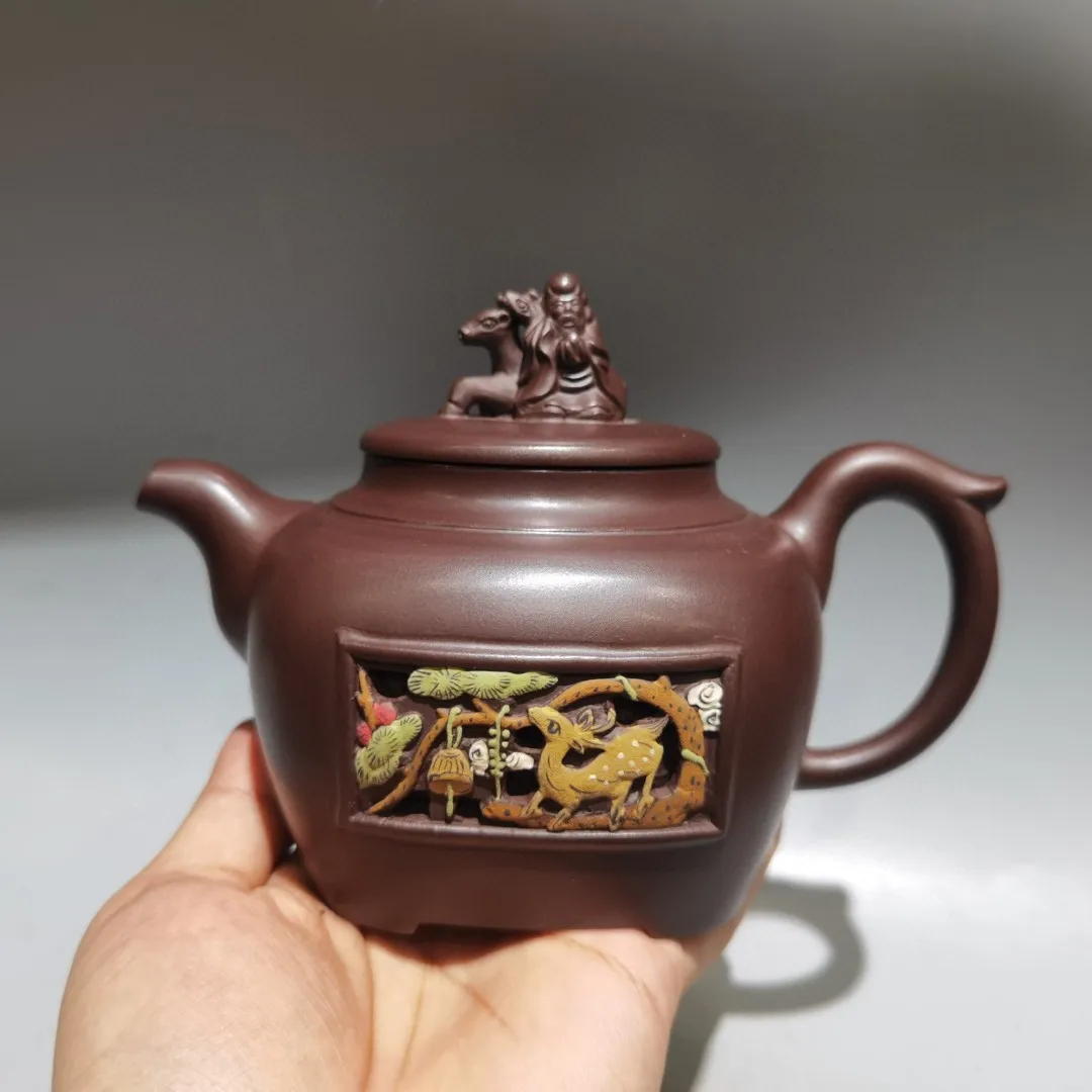 Raw purple clay Painted hollow-out Sika deer pattern Cover of Longevity Star Deer Statue Four sided teapot Teapot Pot Tea Maker