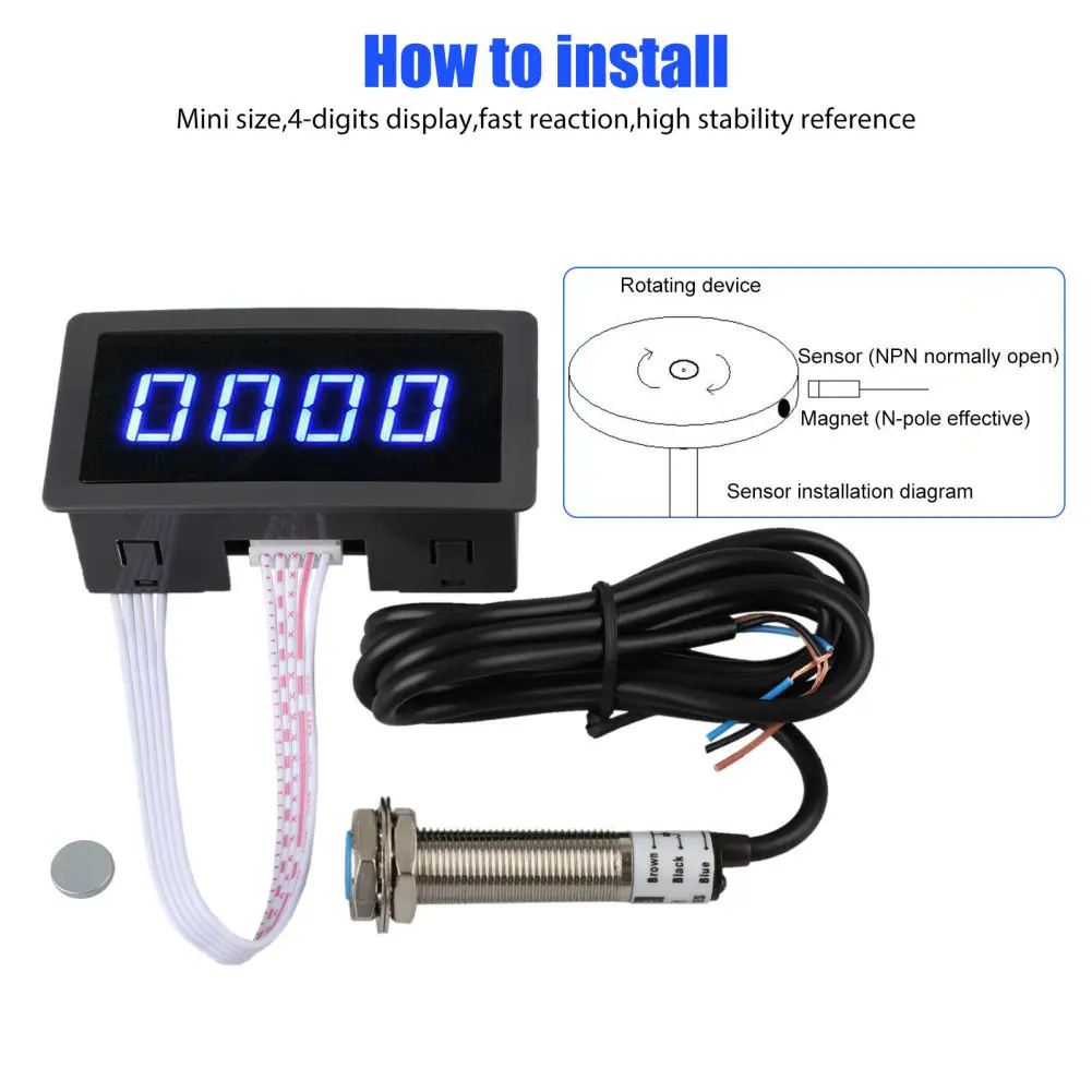 4 Digital LED Tachometer With NPN Hall Proximity Switch Sensor High Precision LED Panels Digital Module DC8-24V RPM Speed Meter