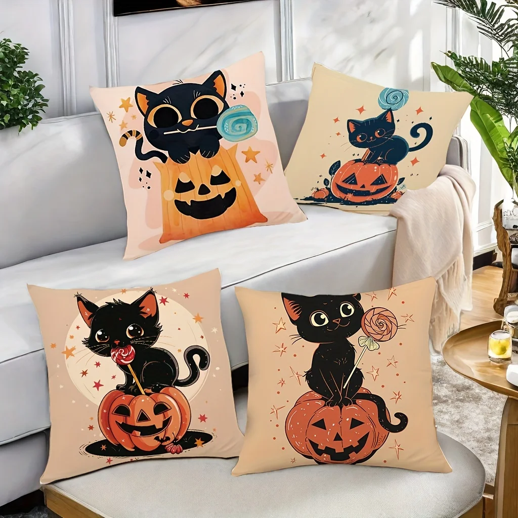 Decorative Printed Pumpkin Cat Throw Pillow Covers Set of 4 Halloween Autumn Seasonal Cushions Accent Storage Decor Home Gift Su