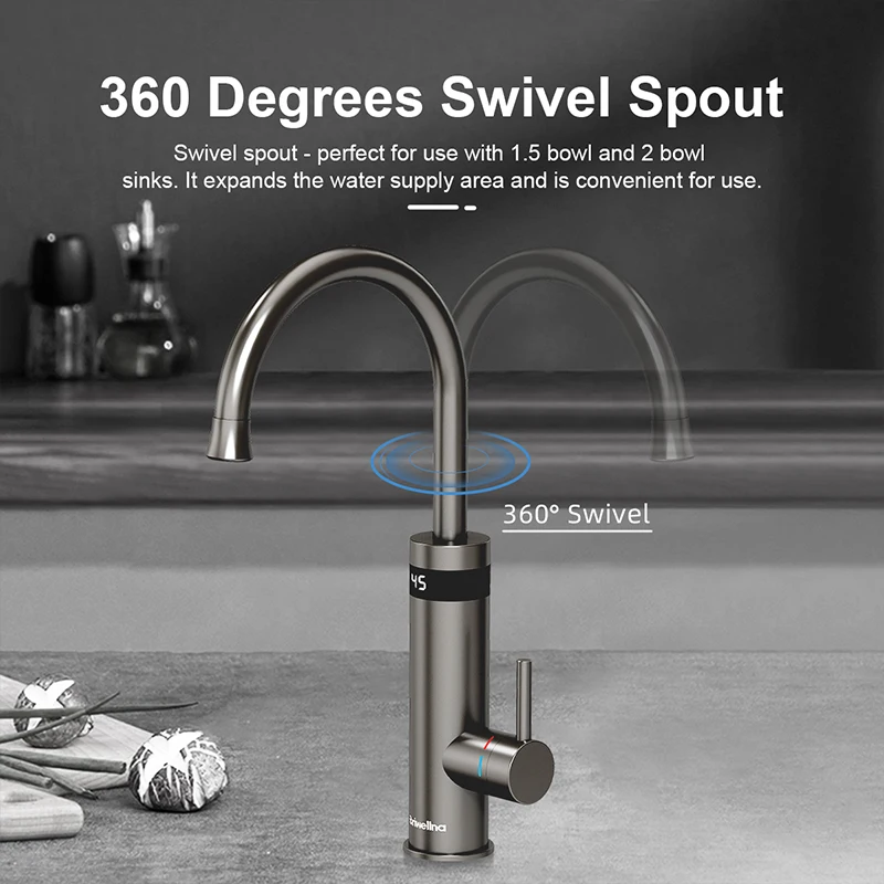 Briwellna Instant Hot Water Faucet Gunmetal Grey Electric Faucet For Kitchen 220V Flowing Heater Tap Electric Water Heater