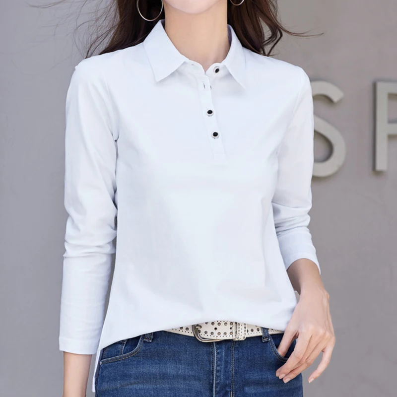 Camisetas Button Turn-Down Collar Cotton Long Sleeve T-Shirts Women T Shirt Autumn Korean Casual Woman Clothes Tee Shirt Femme