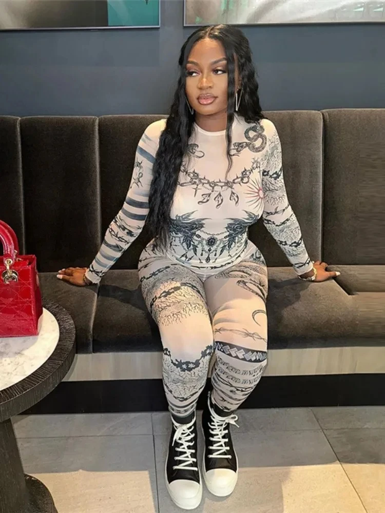 

Joskaa Sexy Print Mesh See Through 2 Piece Set Women Casual Long Sleeve Tops and Leggings Autumn Long Pants Set 2023 Club Outfit
