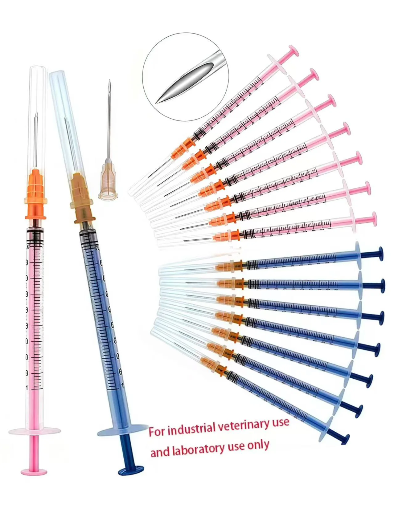 1ml Disposable Syringe with Needle, Plastic Injector, Blue & Pink Color, Accurate Scale Liquid Dispensing for Veterinary Lab Ind
