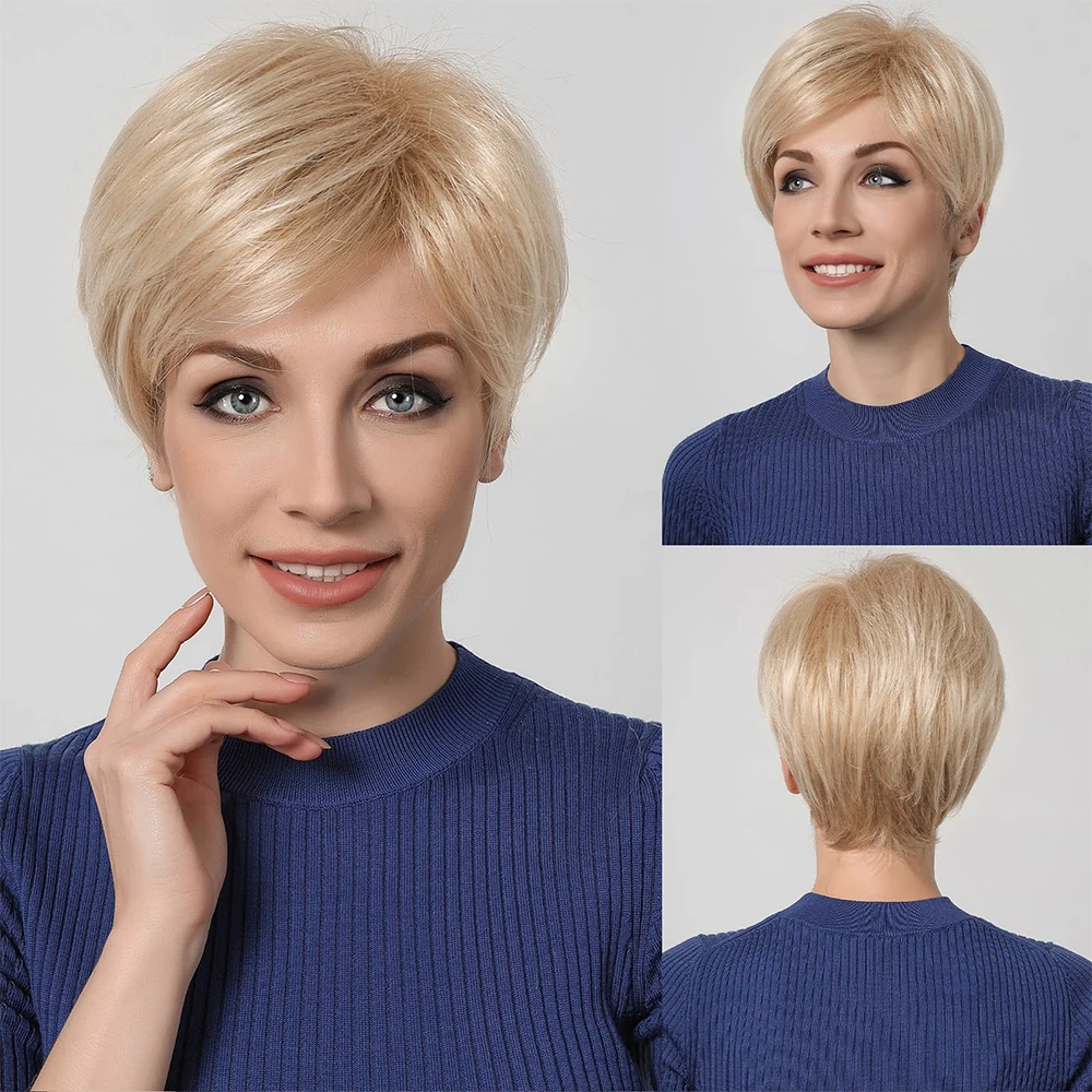 

Blend Remy Human Hair Wigs Honey Blonde Hair Short Straight Pixie Cut Bob Wig for Women 6 Inches Blend Human Hair Heat Resistant