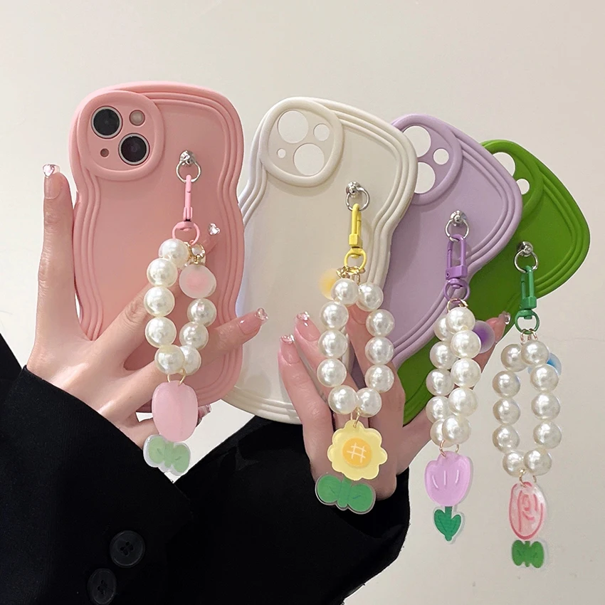 زهرة اللؤلؤ قلادة جراب هاتف آيفون 16 15 14 13 برو 12 11 ماكس موجة الحافة 16 برو 14 برو جراب هاتف سيليكون لينة 15 برو غطاء