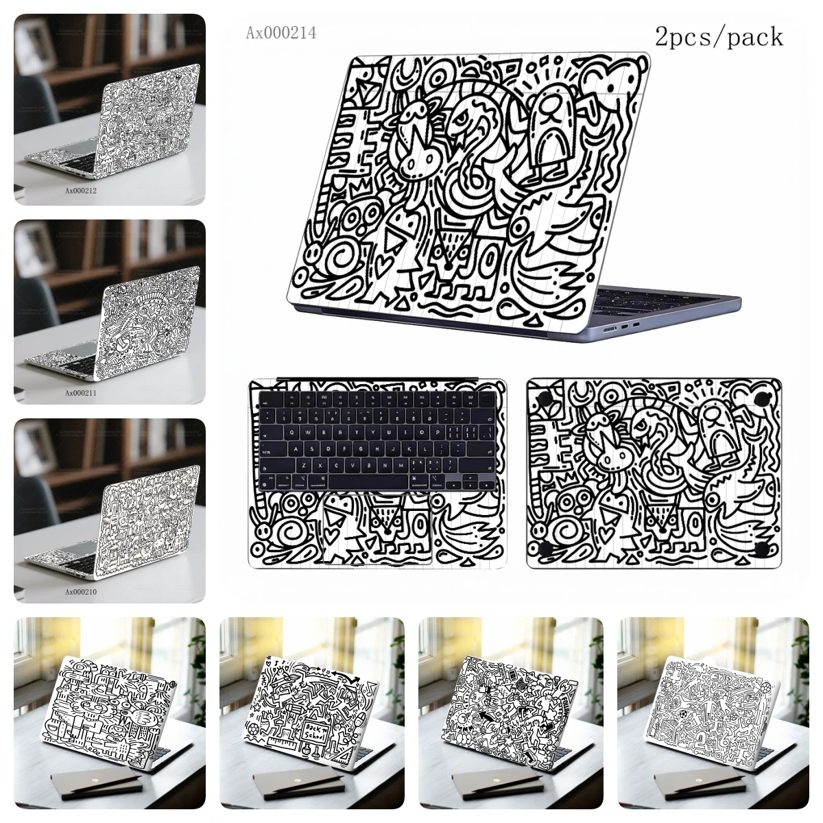 2Pcs Black White Doodle Laptop Skin Decal Waterproof  Laptop Stickers Removable Art Graffiti Computer Cover for MacBook HP Dell
