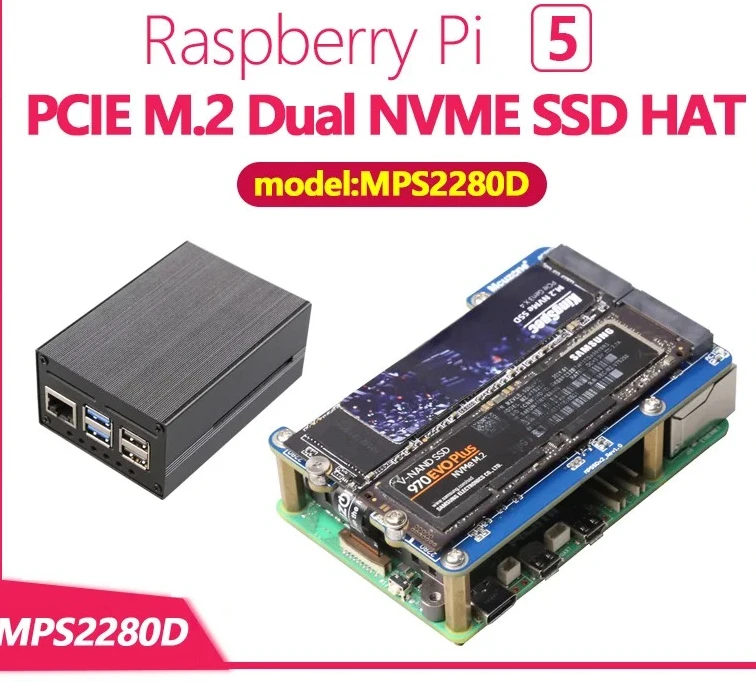 MPS2280D Raspberry Pi 5 PCIE M.2 Dual NVME SSD HAT support 2280/2242/2230 SSD