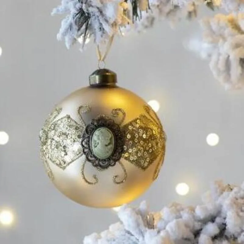 

Vintage Style Gold Glass Christmas Ball Ornament Exquisite Sequined Cameo Design Premium Xmas Tree Decoration