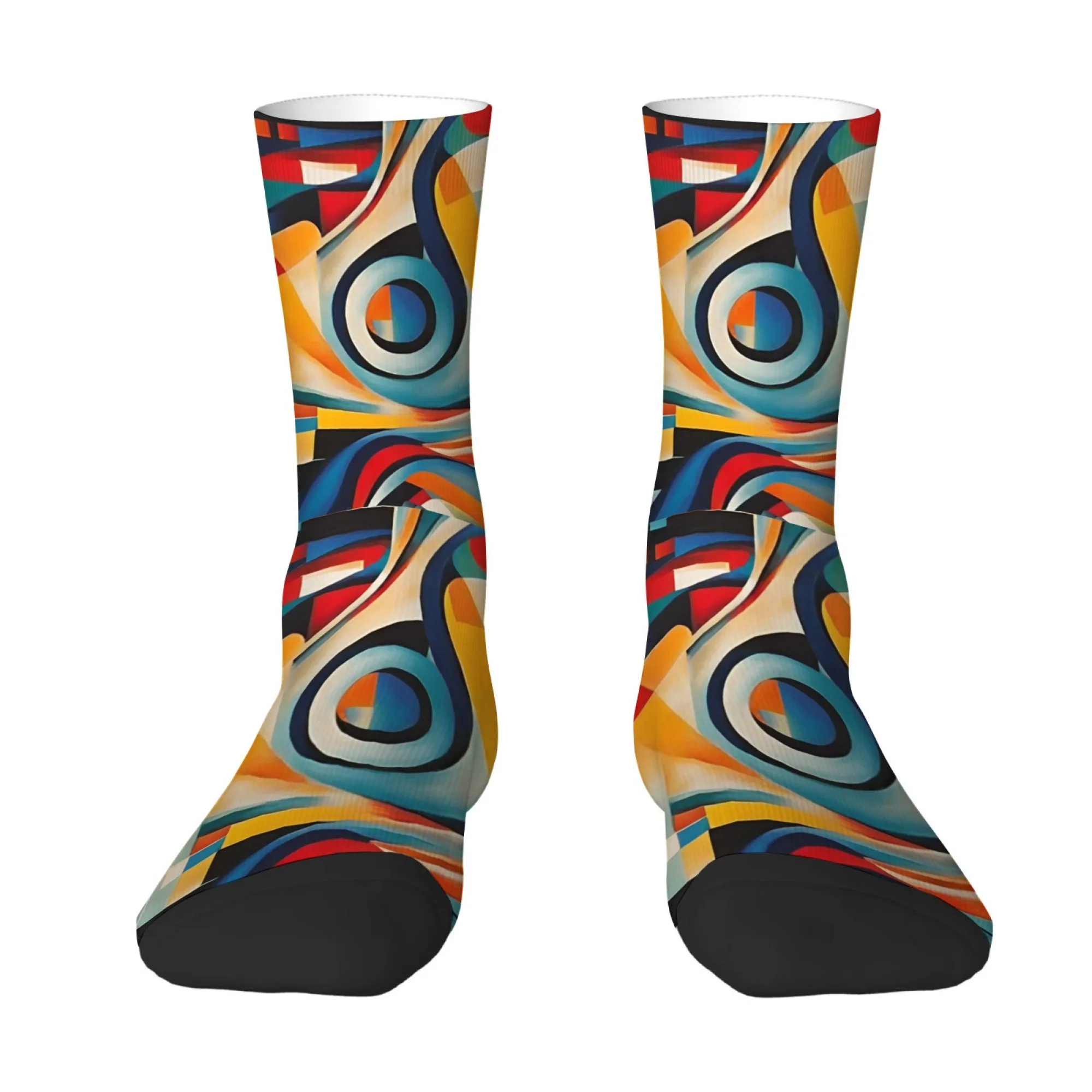 Three-dimensional Abstract Geometric Print Mid-calf Socks Curves and Geometric Modern Art Cubist Style for Artsy Young People