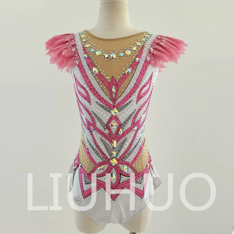

LIUHUO Rhythmic Gymnastics Leotard Pink White Competitive Cheerleading Performance For Girls