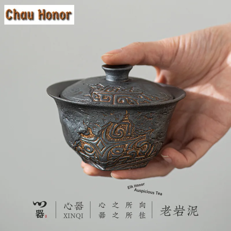 Vintage Old Rock Clay Gaiwan Ancient Tea Tureen Household Tea Bowl with Lid Kit Tea Maker Cover Bowl Kung Fu Tea Set Decoration view 3