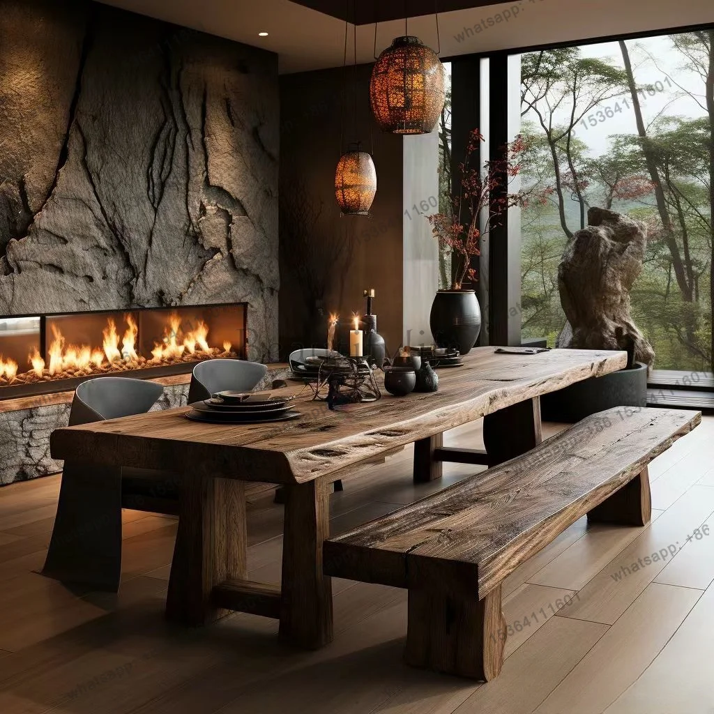 Wabi Sandy Wind All Solid Wood Long Table Large Board Log Tea Table Medieval Furniture