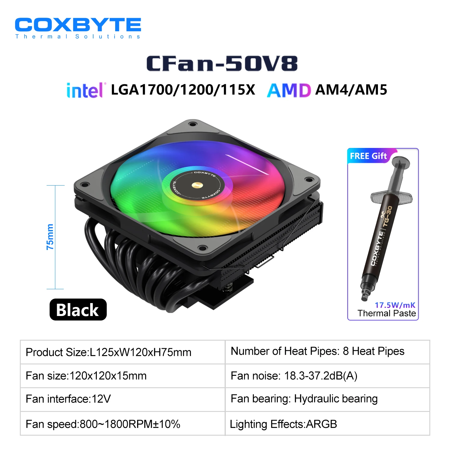 Coxbyte ITX CPU-koeler 4-pins PWM RGB 8 warmtepijpen luchtkoeler Intel LGA1700 1150 1155 1156 115X 1200 processorkoeler koelventilator