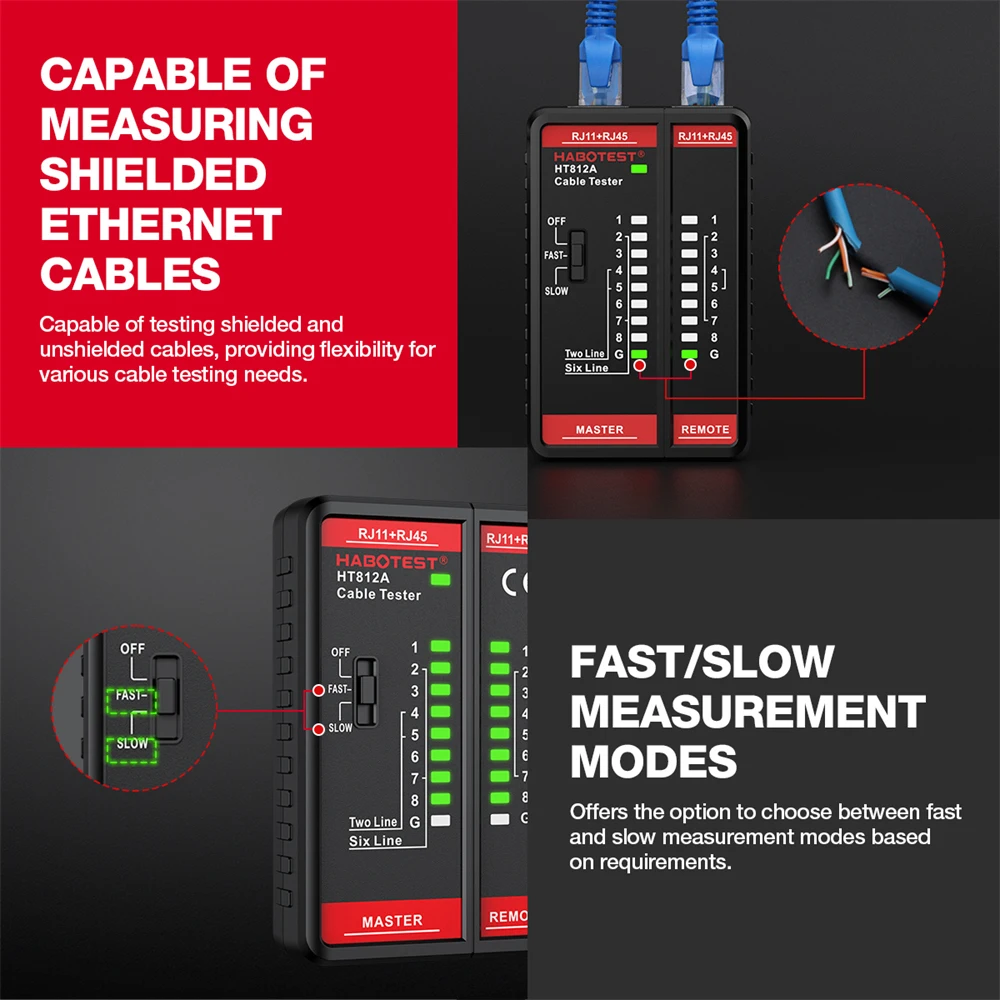 HABOTEST HT812A Cable Tester Network Telephone Cable 8P 6P 4P 2P & Shielded Line Continuity Ethernet Cable Tester RJ11 RJ45 Port view 3