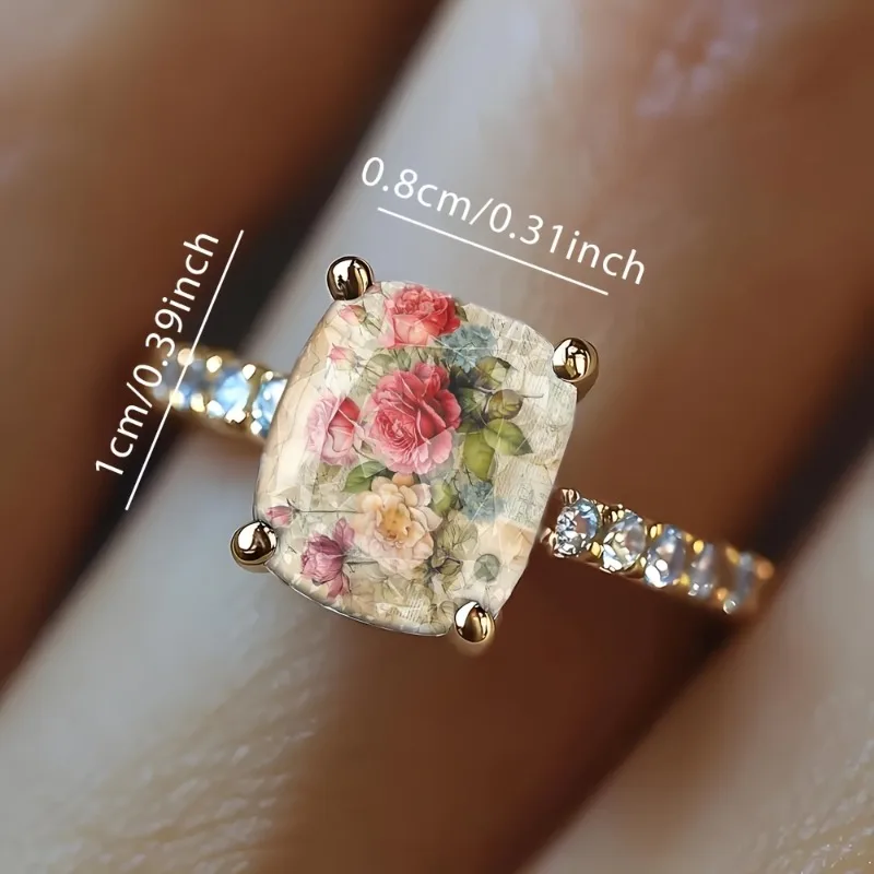 Ladies Rose Bundle Retro Illustration Square Ring Design Light Luxury Fashion Jewelry Daily Wear Special Occasions Suitable Gift
