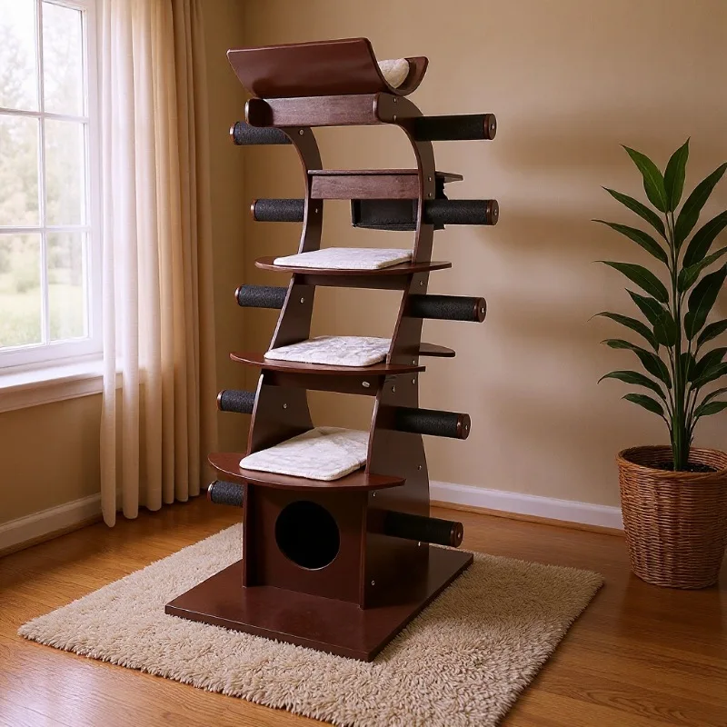Solid wood material Cat Jumping Platform & Hammock Scratching Board Toy with Climbing Frame and Nest for Indoor Use