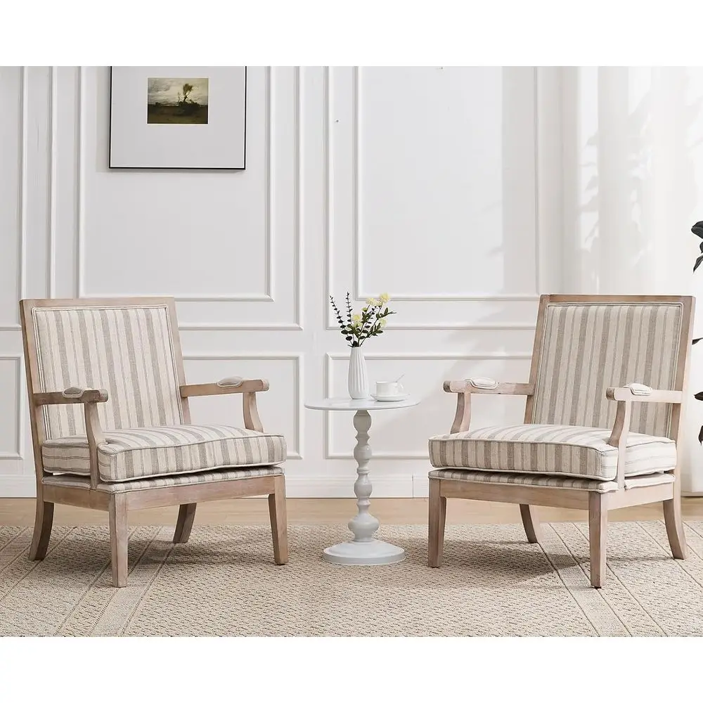 

Set of 2 Linen Accent Chairs, Upholstered Reading Chairs with High Back for Living or Waiting Rooms, Khaki Stripe