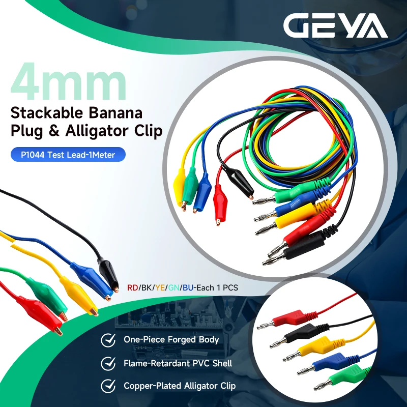 

GEYA 5pcs P1044 4mm Stackable Banana Plug to Alligator Clip Test Leads-1M Durable Crocodile Clamps Cables for Multimeter Testing