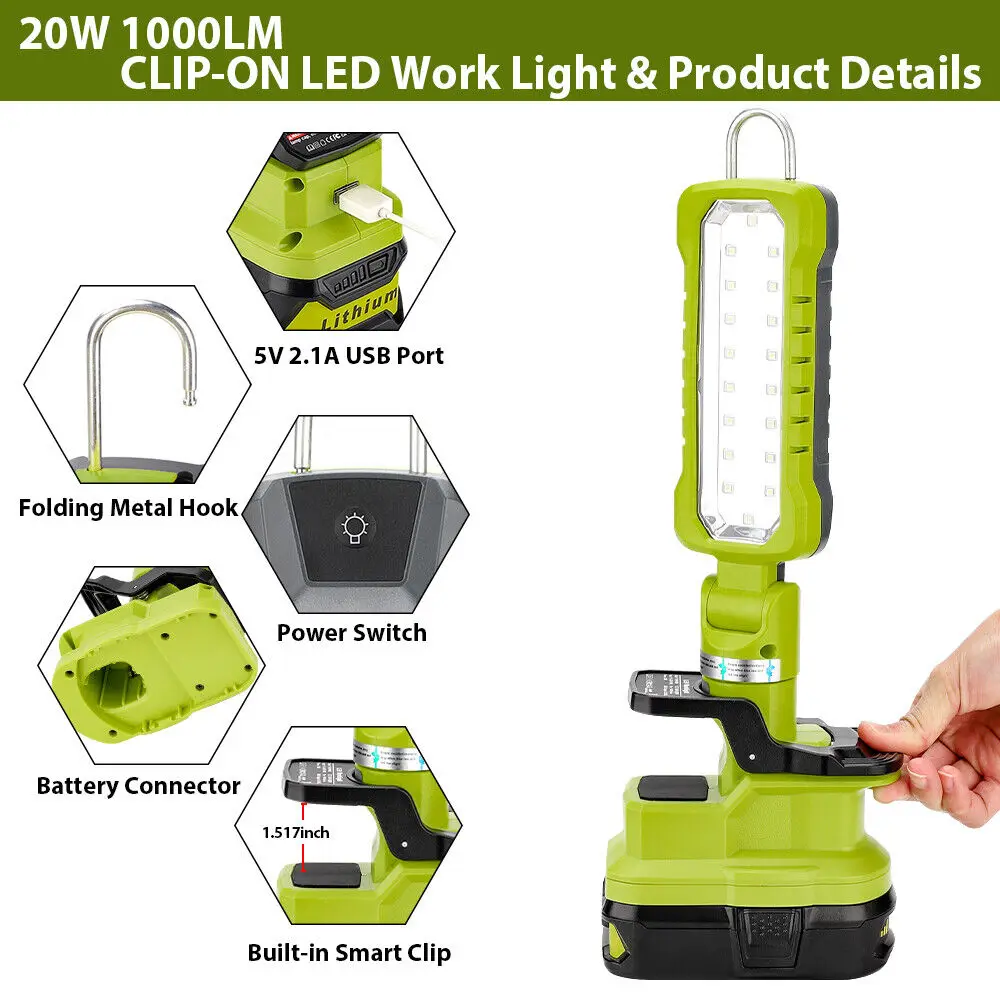 Cordless LED Work Light Flashlight For Ryobi 18V Lithium Nickel One+ Battery 20W 1000LM Searchlight Electric Torch Spotlight