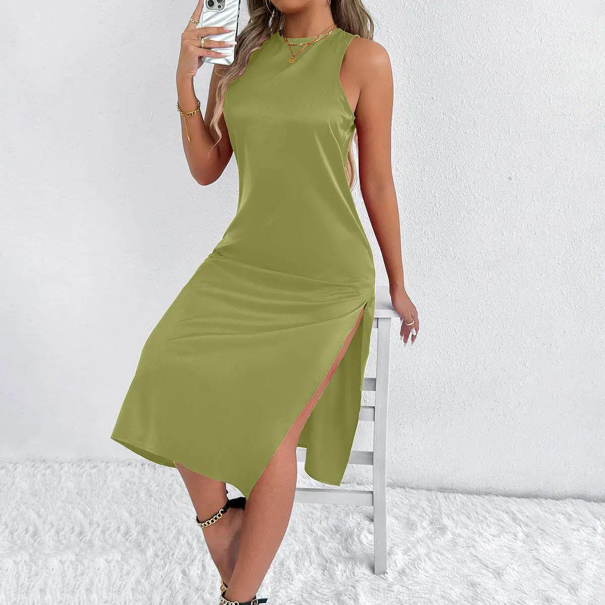 Elegant Satin Women's Dress Independent Station Spring Summer High-End Feeling  Long Skirt No Brand Chinese Made view 3