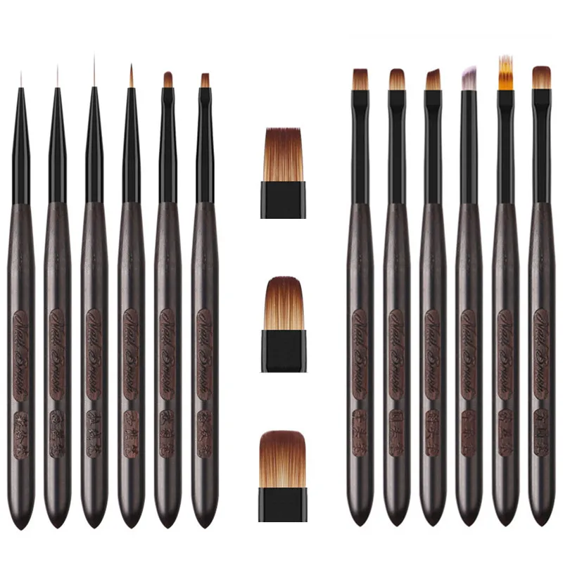 1/12PCS Ronde Houten Handvat Tekening Borstels Voor Manicure Lijnen Schilderen Gradiënt UV GEL Uitbreiding Builder Tekening pen Sandelhout