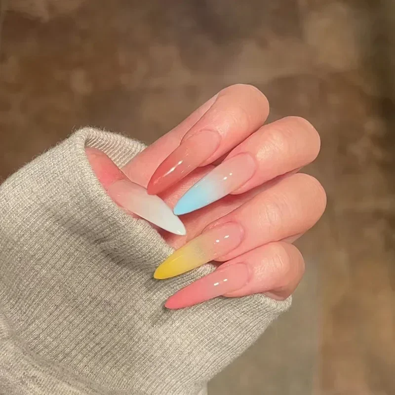 24Pcs Rainbow Almond False Nails with Glue Long Simple Fake Nails French Acrylic Nail Press on Full Over Wearable Nail Tips