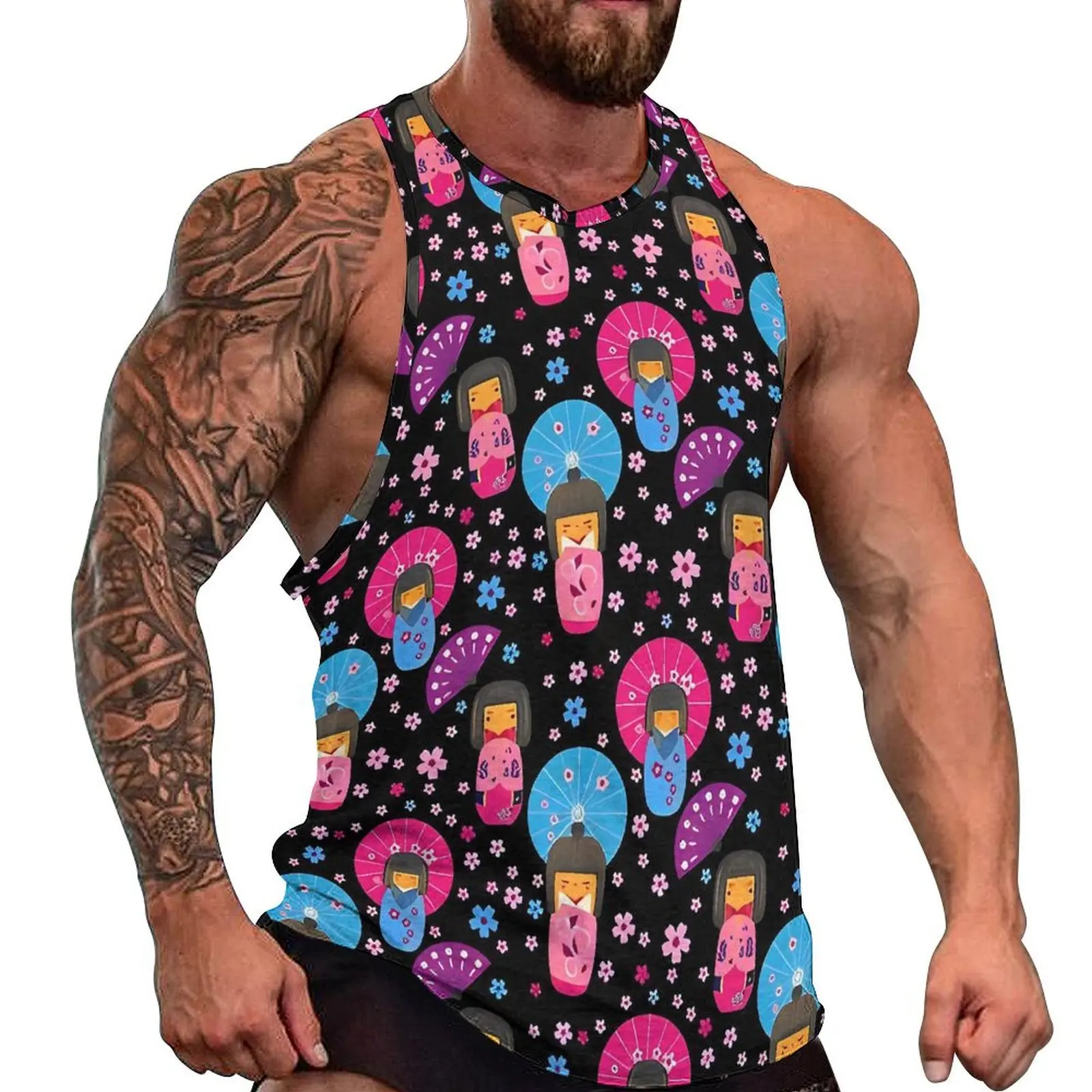 Japanese Dolls Tank Top Man Kokeshi Pattern Training Oversize Tops Summer Muscle Graphic Sleeveless Shirts