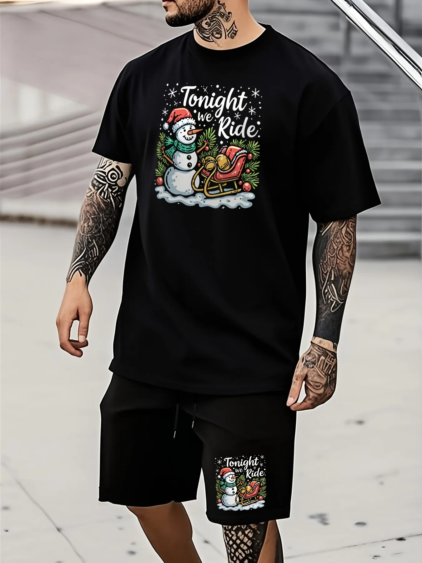 

Men's Santa Sleigh Ride Christmas Tee - Round Neck, Short Sleeve, Stretch Fabric, Vibrant Print