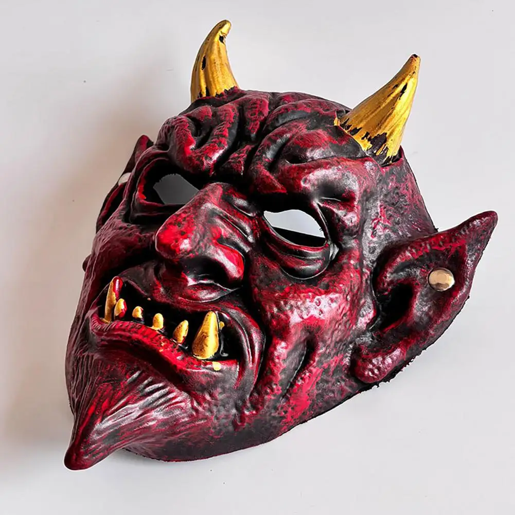 Halloween Red Devil Cosplay Mask, Creepy Golden Horned Demon Latex Mask,Realistic Horror Costume Accessory for Men Adults