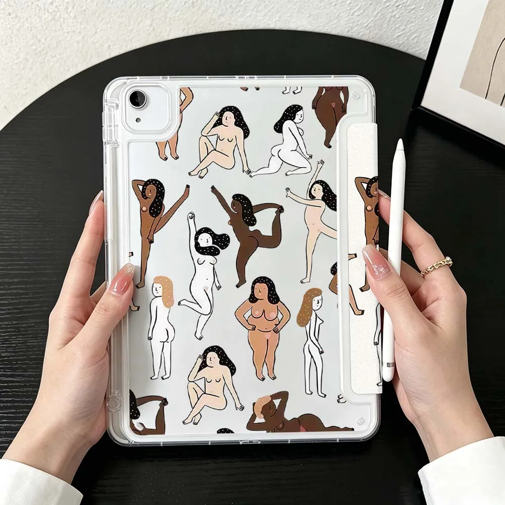 Female Body Patten For iPad Mini Pro Air 5 6 7 8 9 10th 11th 11 9.7 10.9 13 inch Transparent Y-Shaped Folding Tablet Case