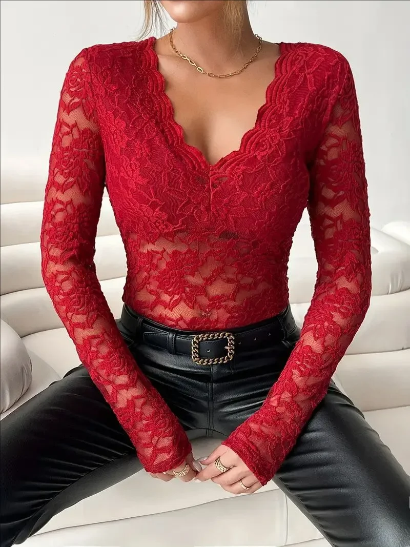 Damen Spitzen-Jumpsuit mit V-Ausschnitt, Langen Ärmeln, Transparentem Netzstoff und Blumenmuster, Figurbetonter Durchsichtiger Einteiler für Party, Clubwear und Alltag – Detail 5