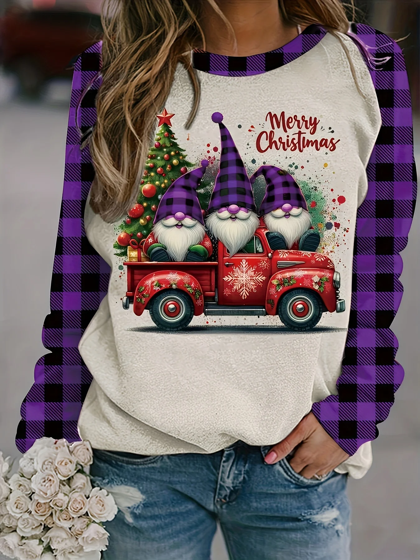 Women's Round Neck Raglan Long Sleeve Sweatshirt Christmas Gnome Truck Plaid Splicing Print Casual Loose Tops