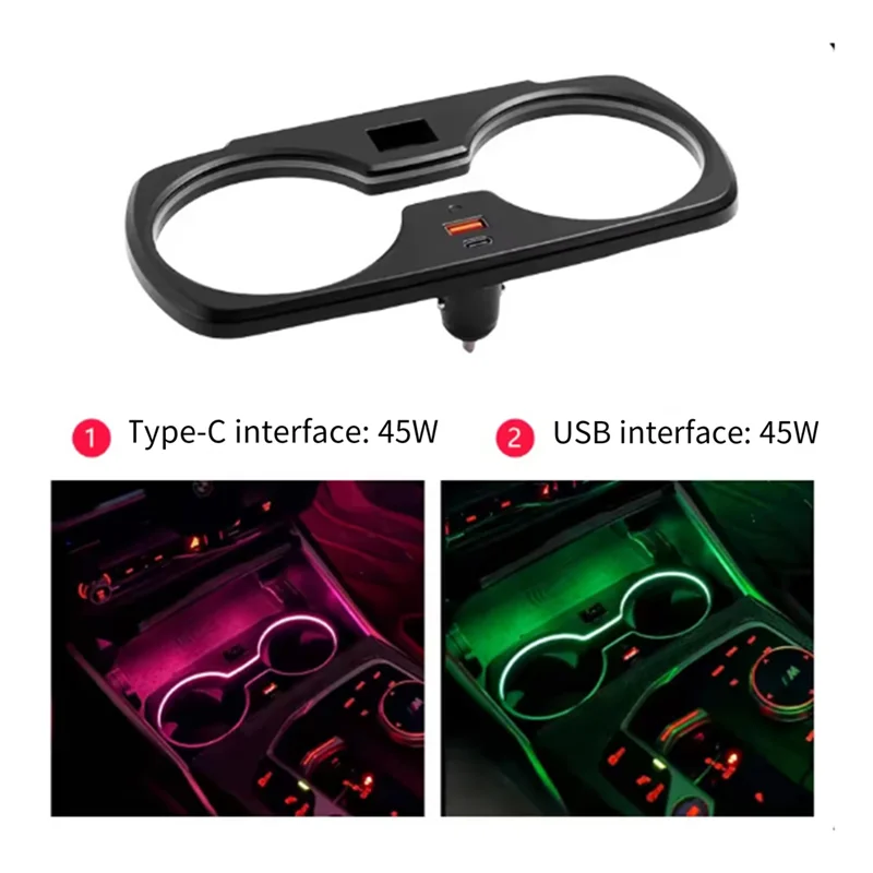 

NEW-Car LED Cup Holder Ambient Light 45W Car Charging Cup Holder TYPE-C USB Charging Port For BMW 3 4Series I3 I4 2020-2025