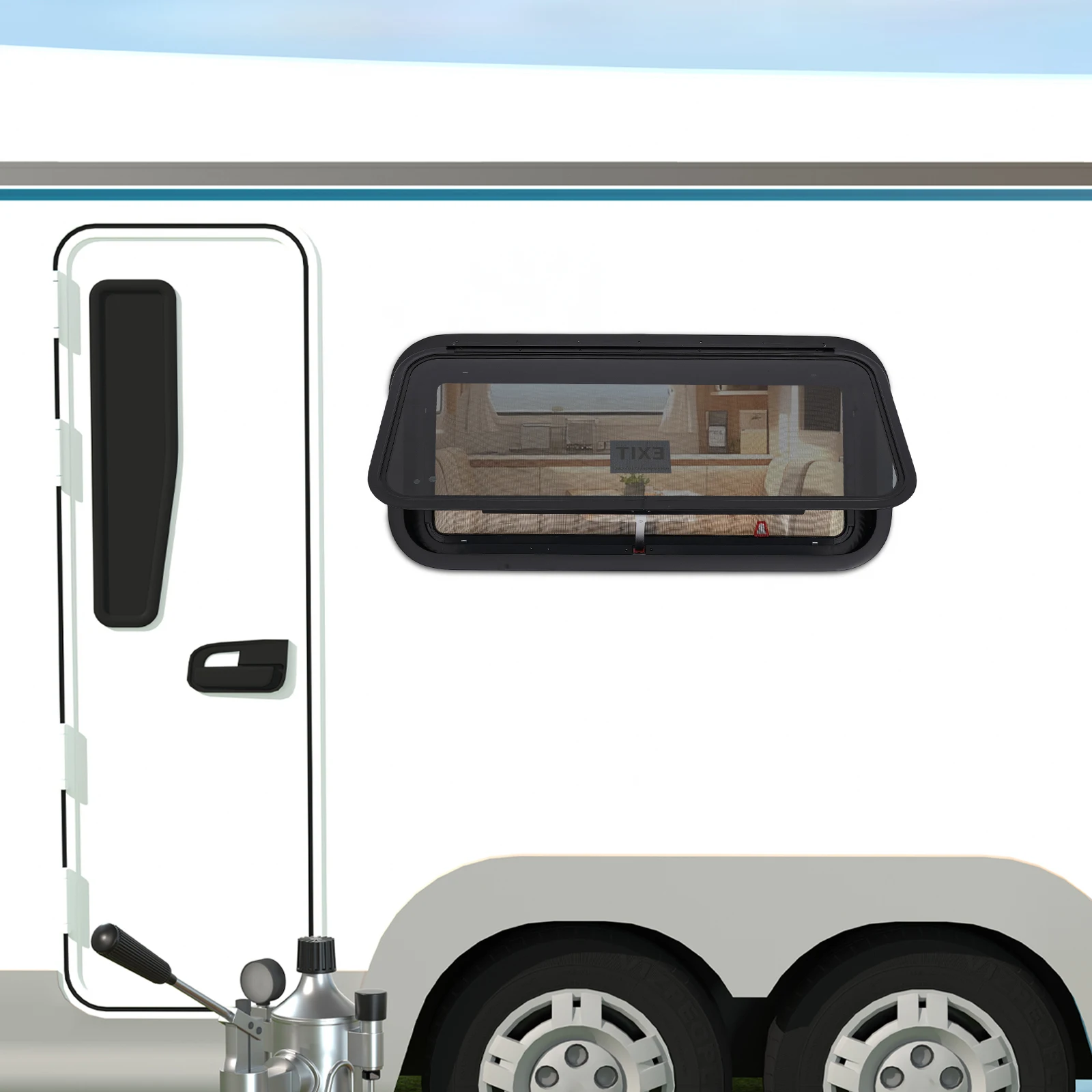 Fenêtre de ventilation rectangulaire noire pour camping-car, taille de découpe 35,43 x 15,75 pouces, en alliage d'aluminium et verre trempé, avec moustiquaire