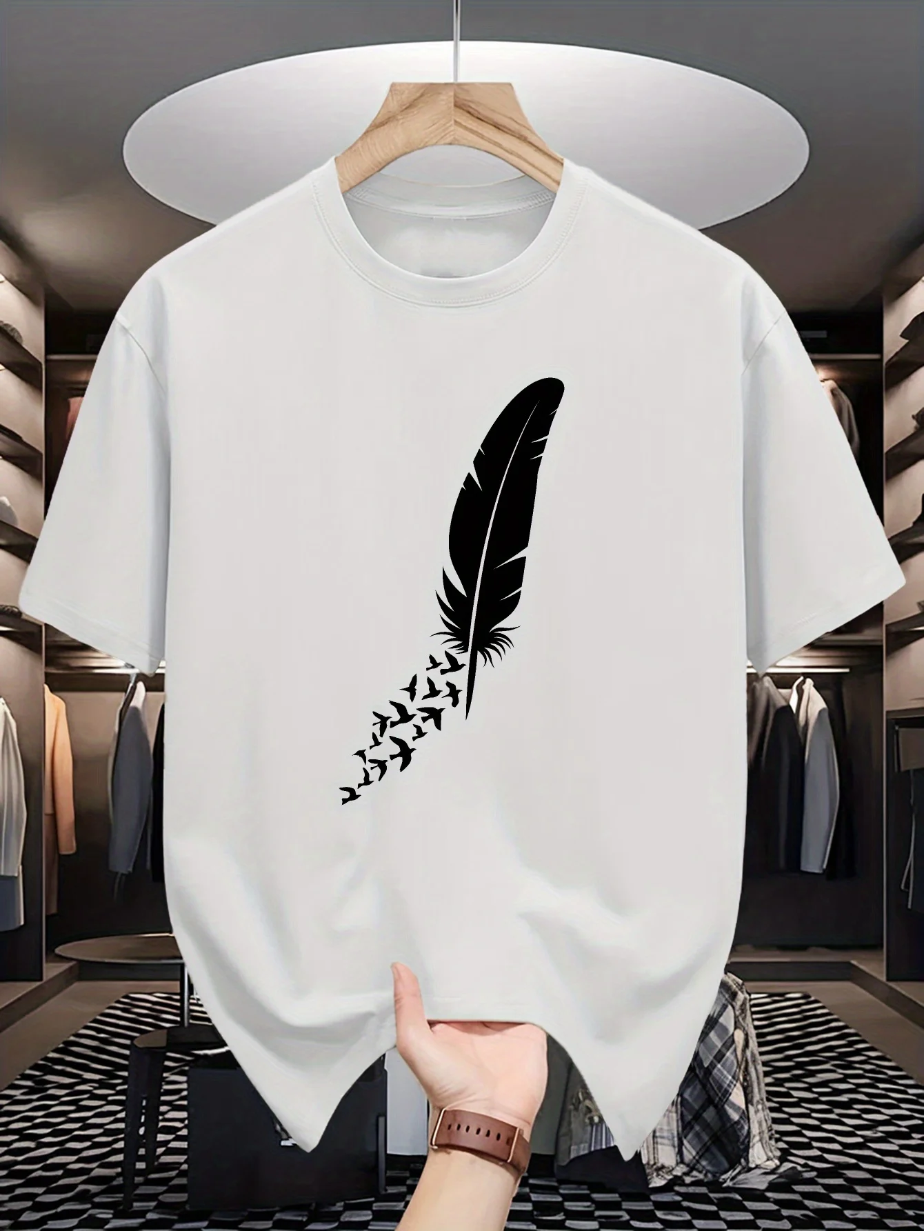 Men Crew Neck T Shirt Feather Turning Into Flying Birds Minimal Silhouette Graphic Short Sleeve Casual Cotton Art Streetwear Tee