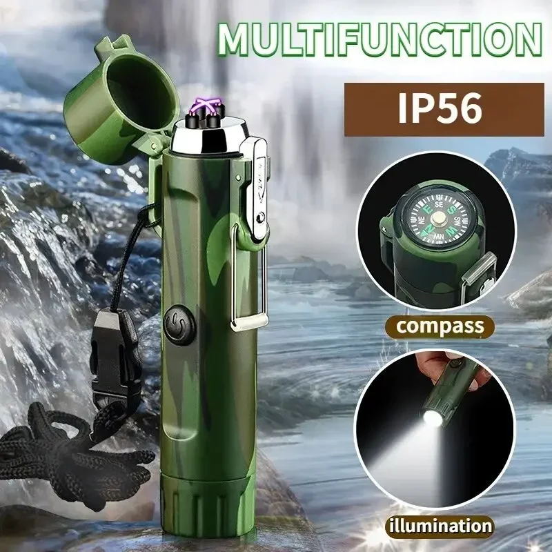 New Outdoor Camping Outdoor Survival Plasma Lighter USB Rechargeable Waterproof with Flashlight Compass Survival Lighter