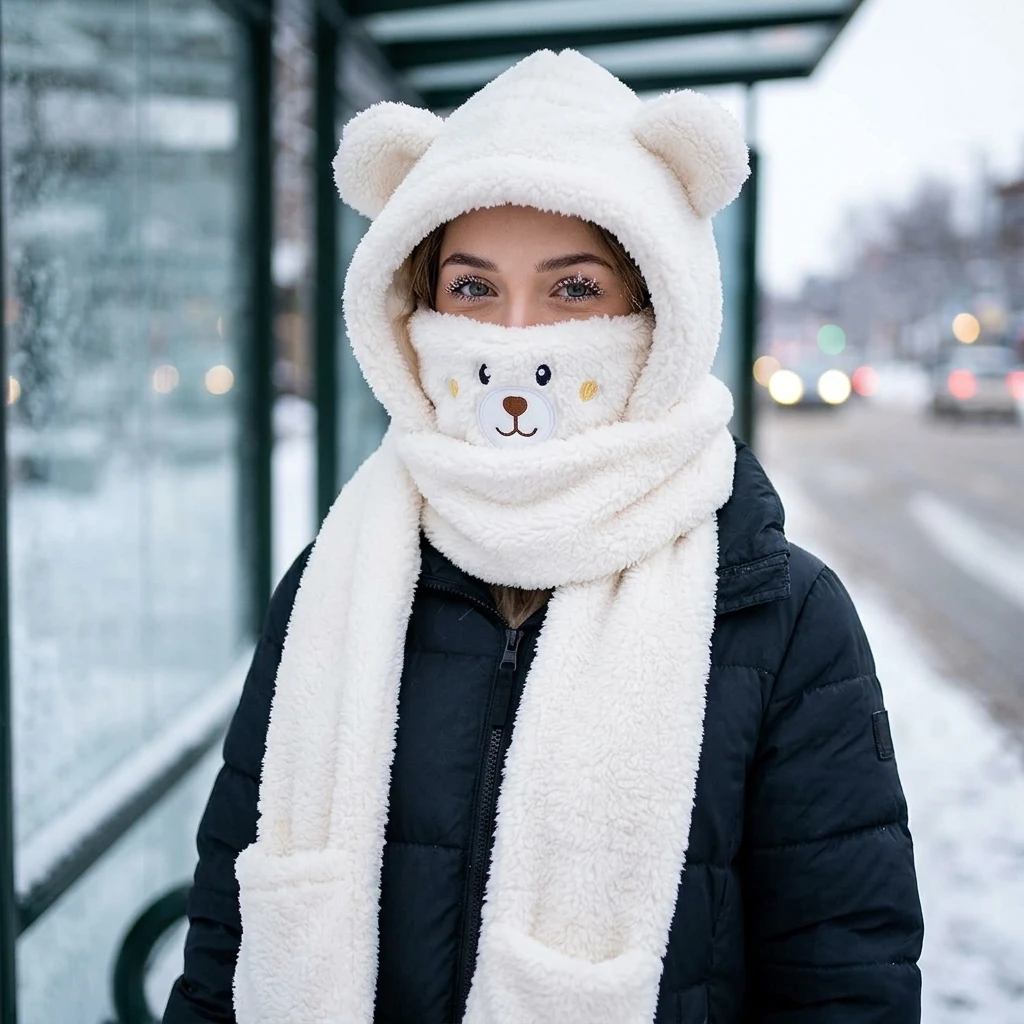 Winter Cycling Commute Gear - Adults Bear Hood Hat set Winter