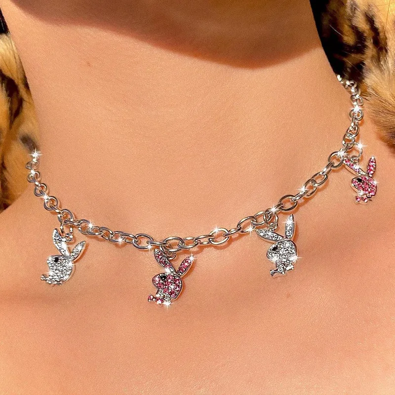 Rhinestone pink Bad bunny choker necklace for teenage egirls pink rabbit animal necklace y2k jewelry cute hip-hop punk cool