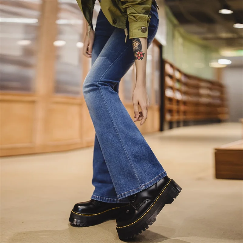 

Женские весенние винтажные светло-голубые расклешенные джинсы Maden, облегающие потертые джинсовые брюки с низкой талией и повседневными уличными брюками на молнии YKK