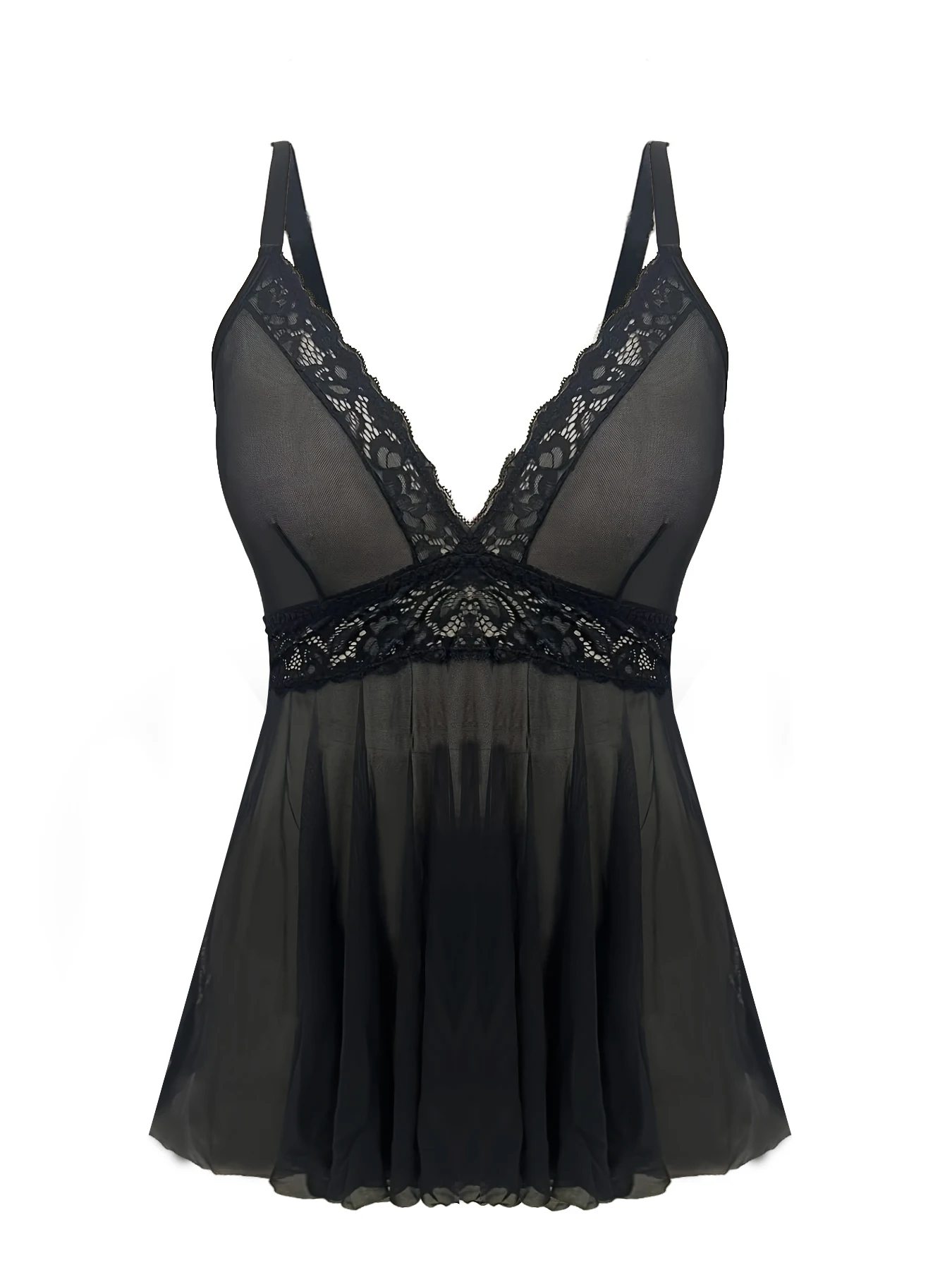 Women Black Lace Babydoll Lingerie Deep V Neck Sheer Mesh Mini Nightgown Adjustable Spaghetti Strap Flowy Sexy Sleep Dress With