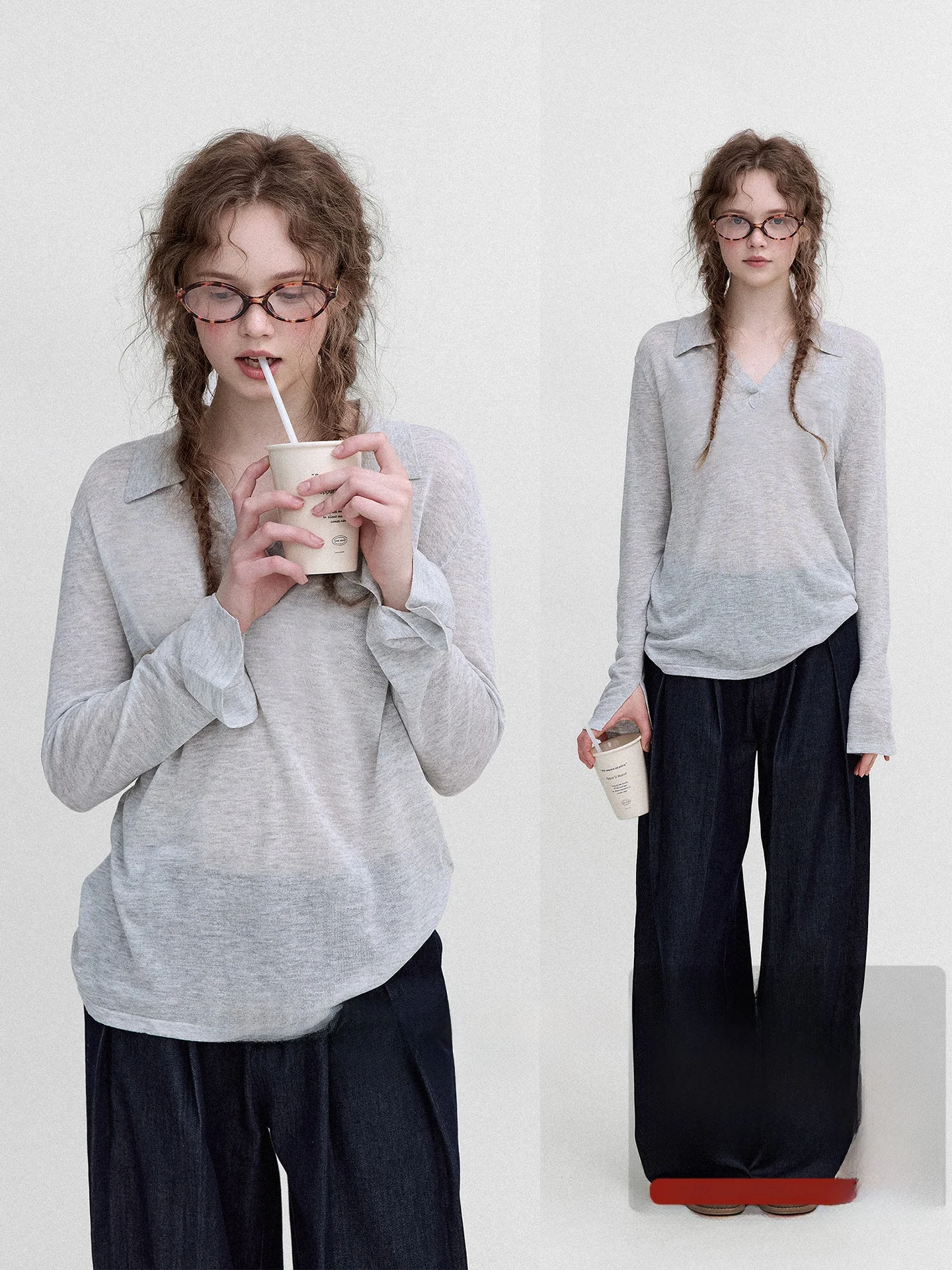 

Nordic Long Termism Neck V-Shape Slim Linen Sleeve Split T-Shirt Covering Women Summer Commute Style Loose Fit Pure Color