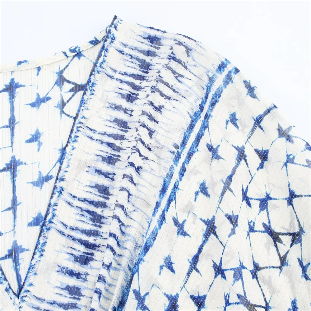 BM & MD & ZA2025 خط ذهبي مطبوع على شكل حرف v وأكمام طويلة فستان فضفاض غير رسمي متعدد الاستخدامات تنورة قصيرة ملابس نسائية صيفية جديدة #3