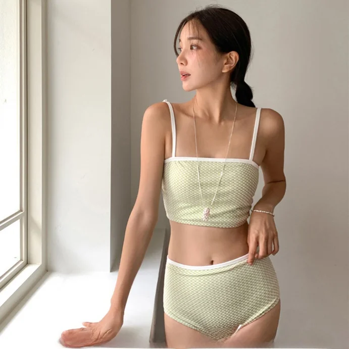

Korean Sle Ins Fre Plaid Strapl Sexy Slim High Waist Cover up Tee Piece Set Women's Bikini Swimwear Separate Swimsuit