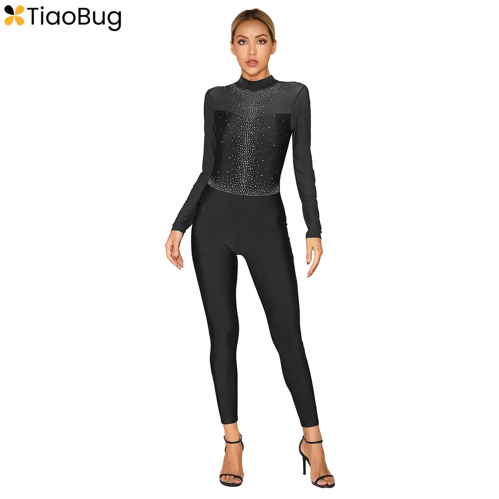 

Womens Figure Skating Jumpsuit Gymnastics Dance Costume Glittery Rhinestone Sheer Mesh Long Sleeve Bodysuit Yoga Fitness Clothes