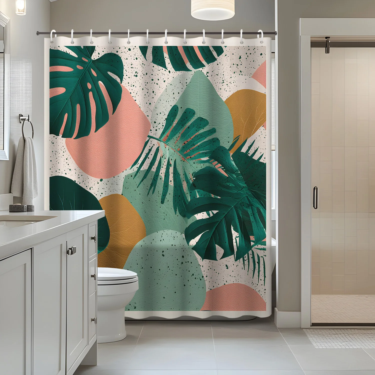 

1pc Nordic Summer Green Plant Turtle Leaf Print Shower Curtain Partition Curtain with 12 Hooks, Shower Curtain, Bathroo
