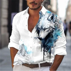 Camisa de tecido elástico de quatro vias de manga comprida masculina, tops elegantes, tigre lobo abstrato, lapela de saída diária, primavera e verão