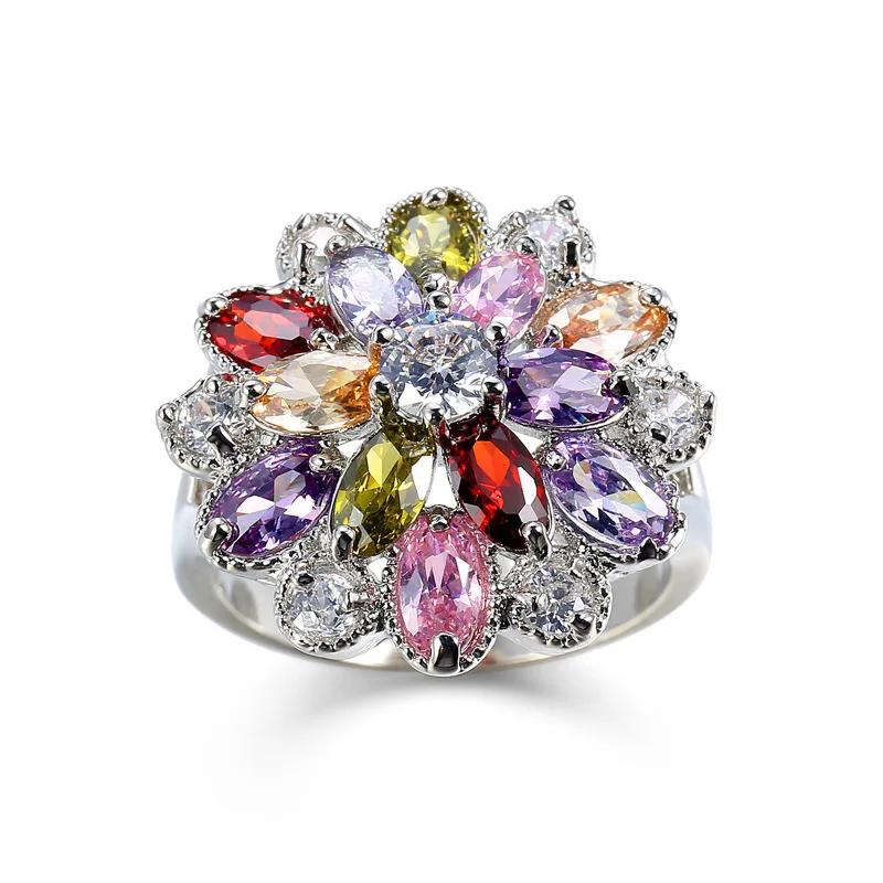 New Female Jewelry Silver Color Hollow-out Blue Flower Big Zircon Stone Ring For Women Bridal Wedding Band Ring Bijoux