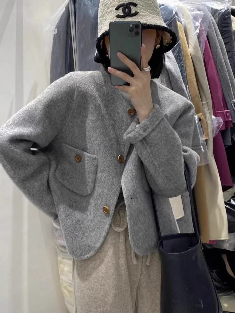 

ay Double-Sided Woolen Coat Women's ort Autumn Winter Outerwear Korean Sle round Ne Single Button High Waist pe