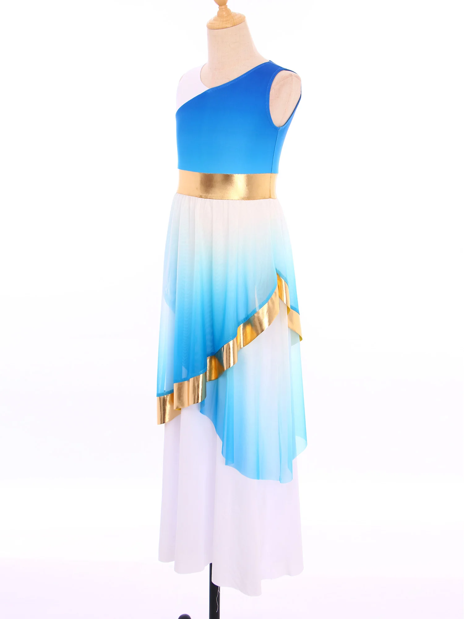 Girls Liturgical Praise Dance Dress Choir Worship Dress Gradient Color Sleeveless Metallic Irregular Mesh Lyrical Dance Costumes