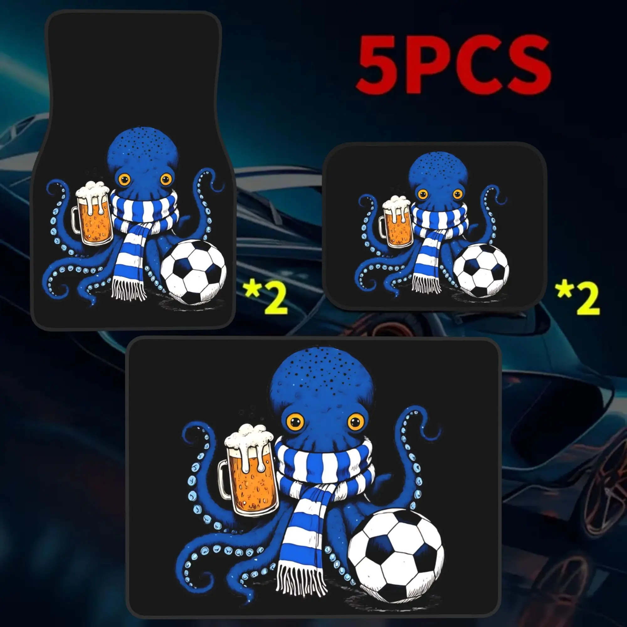 5pcs Football Blue Octopus Printed Car Mats Set (4 Floor Mats And 1 Trunk Mat), Made Of Durable Polyester Fabric Elegant Interio
